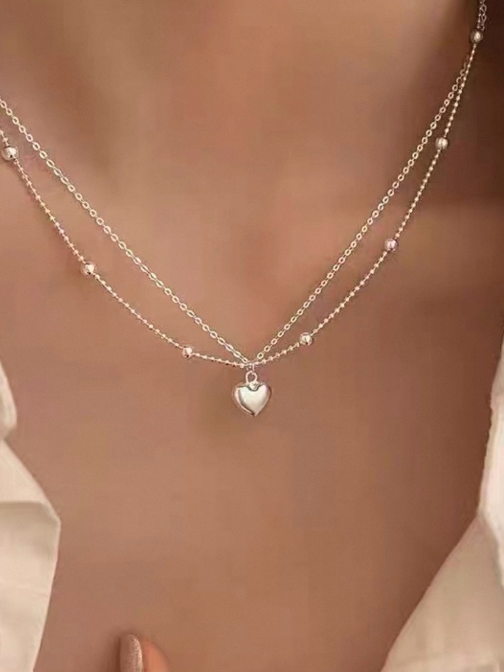 Delicate Silver Heart Layered Necklace Double Strand